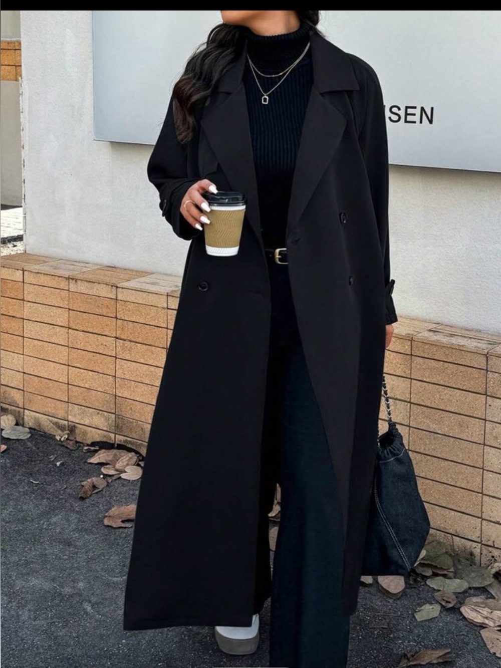 SHEIN Black Double-Breasted Long Pea Coat